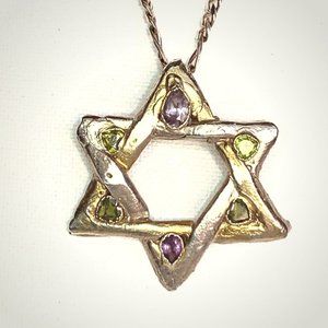 1.5" Jeweled Silver w/ Gold Jewish Star Amethysts - Tourmalines -Sterling Chain